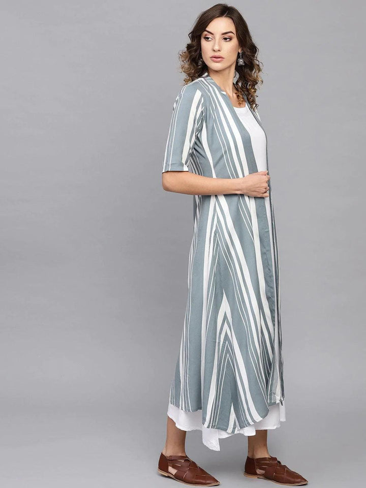 White Striped Rayon Dress With Jacket - ShopLibas