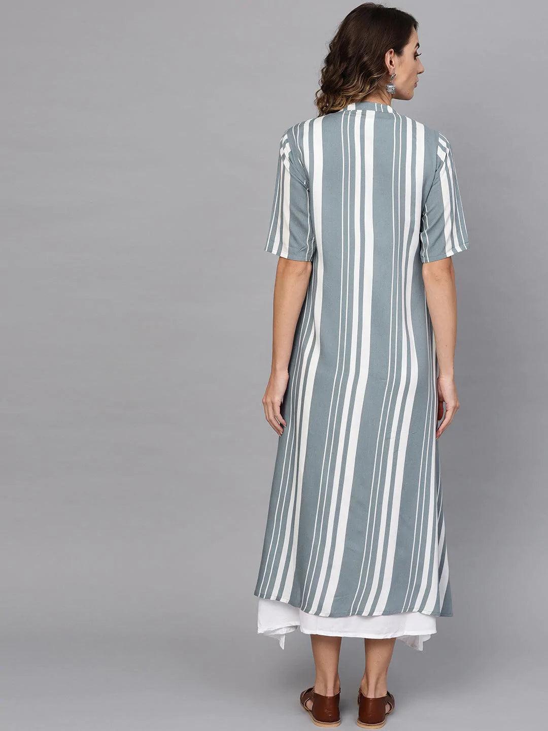 White Striped Rayon Dress With Jacket - ShopLibas