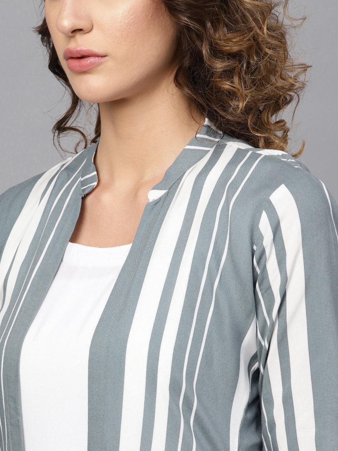 White Striped Rayon Dress With Jacket - ShopLibas