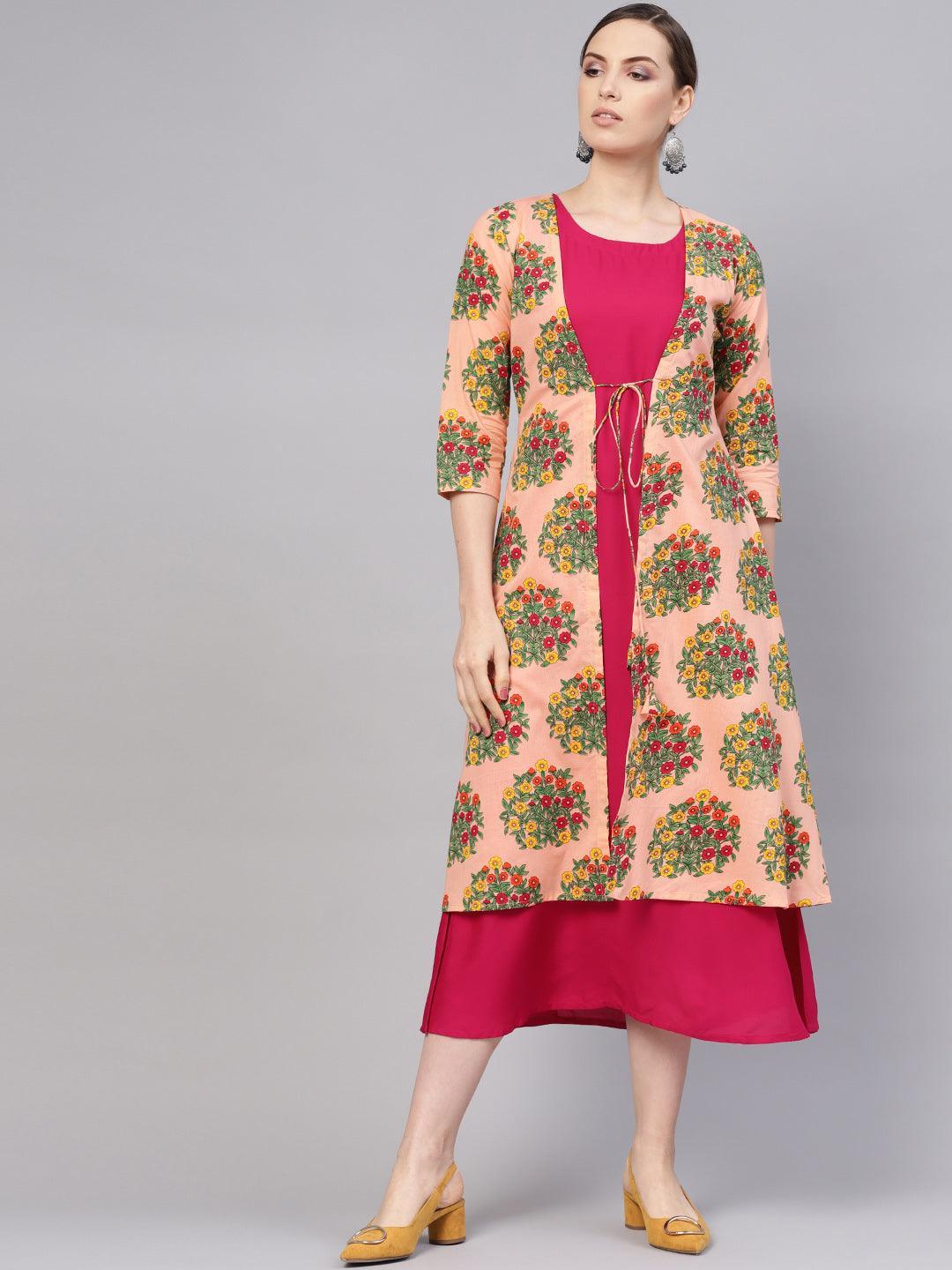 Pink Printed Rayon Dress With Shrug - ShopLibas