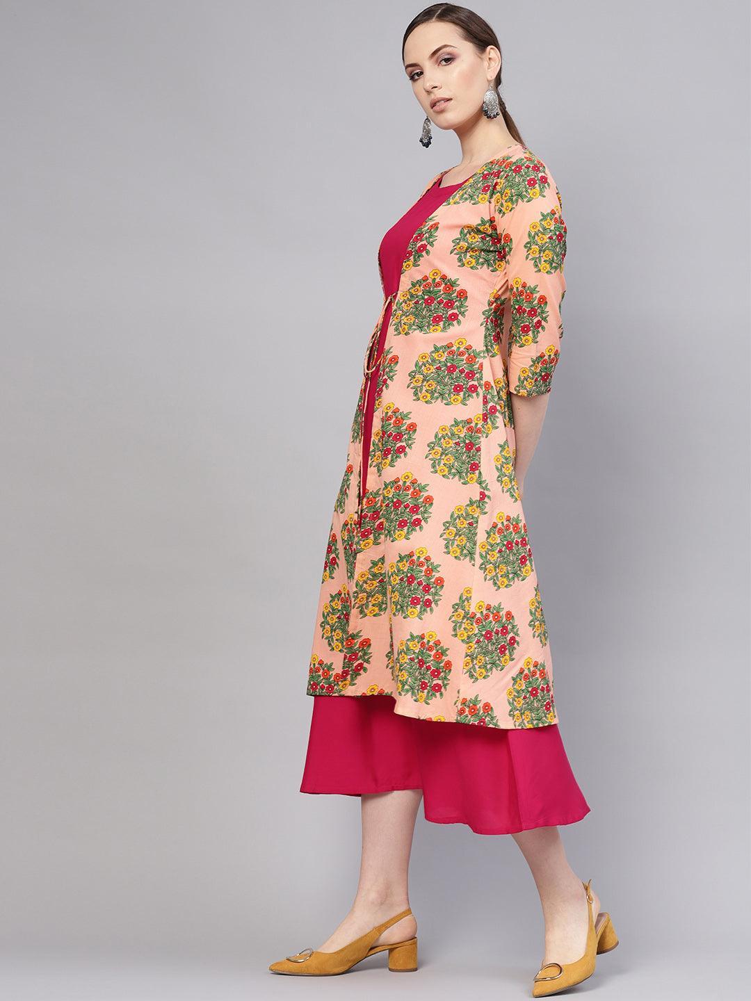 Pink Printed Rayon Dress With Shrug