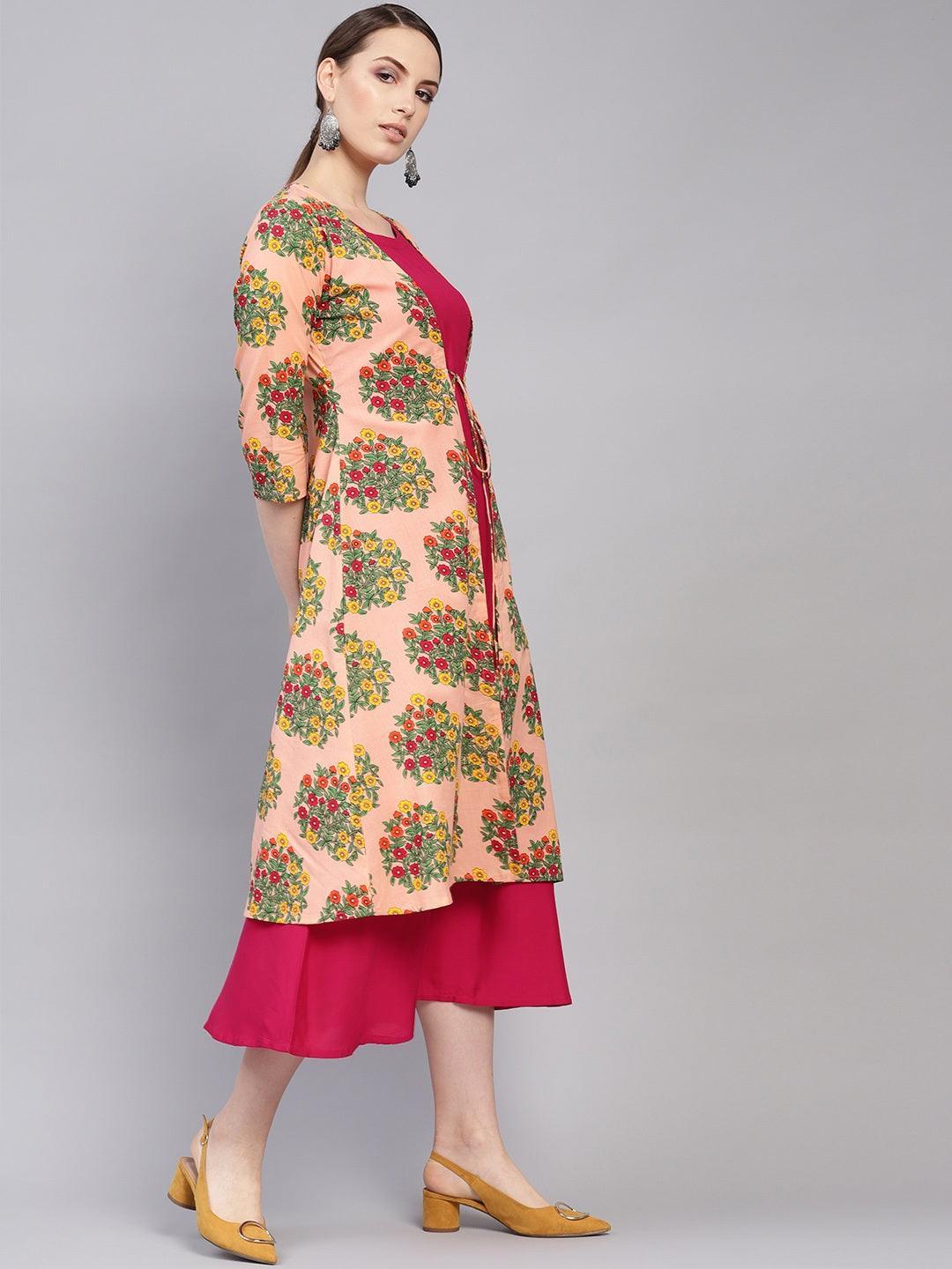 Pink Printed Rayon Dress With Shrug - ShopLibas