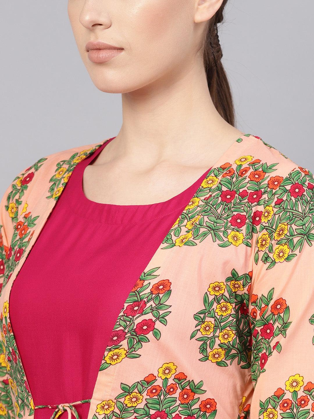 Pink Printed Rayon Dress With Shrug - ShopLibas