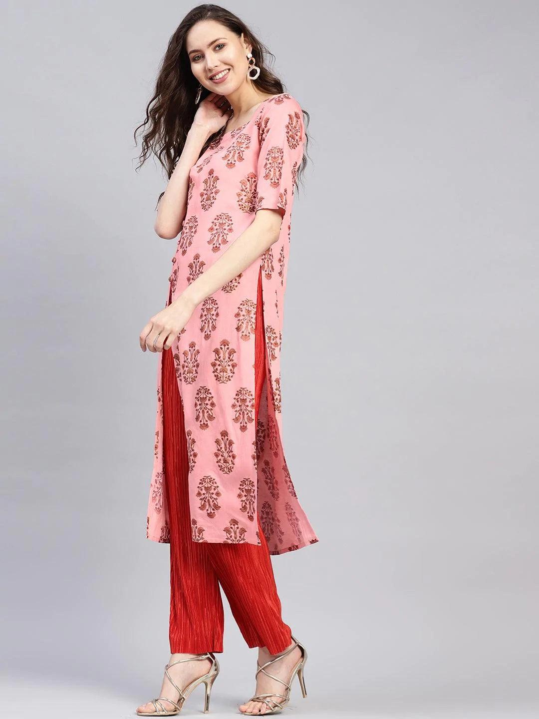 Pink Printed Cotton Kurta - ShopLibas