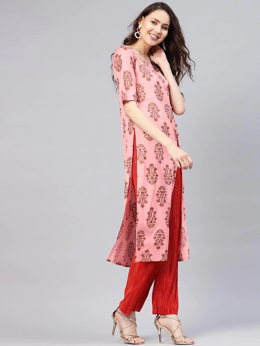 Pink Printed Cotton Kurta - ShopLibas