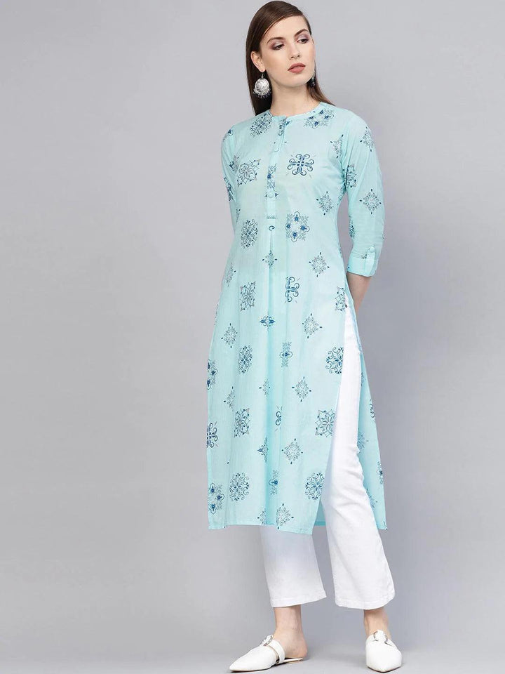 Blue Printed Cotton Kurta - ShopLibas