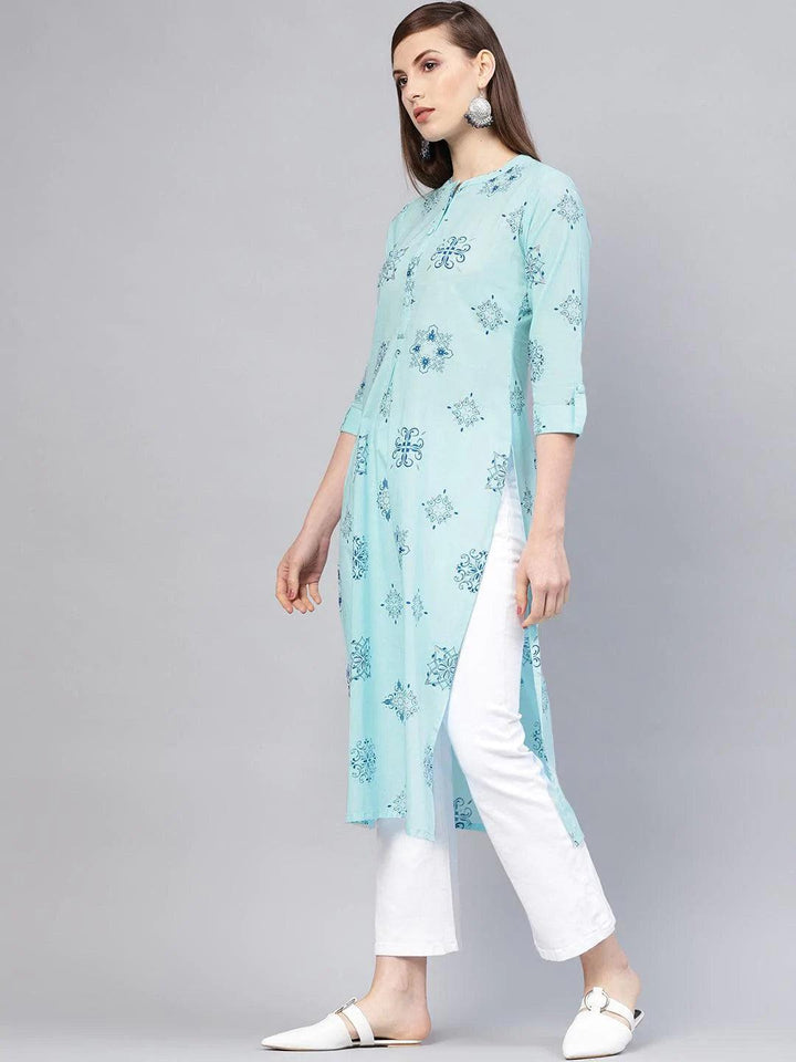 Blue Printed Cotton Kurta - ShopLibas