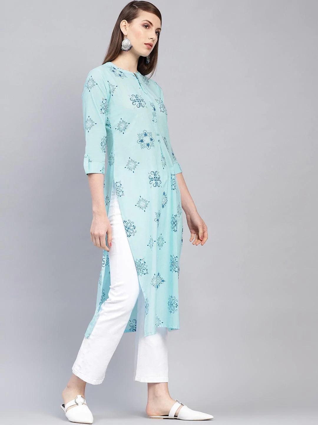 Blue Printed Cotton Kurta - ShopLibas