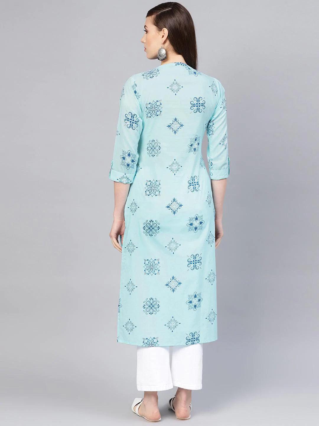 Blue Printed Cotton Kurta - ShopLibas