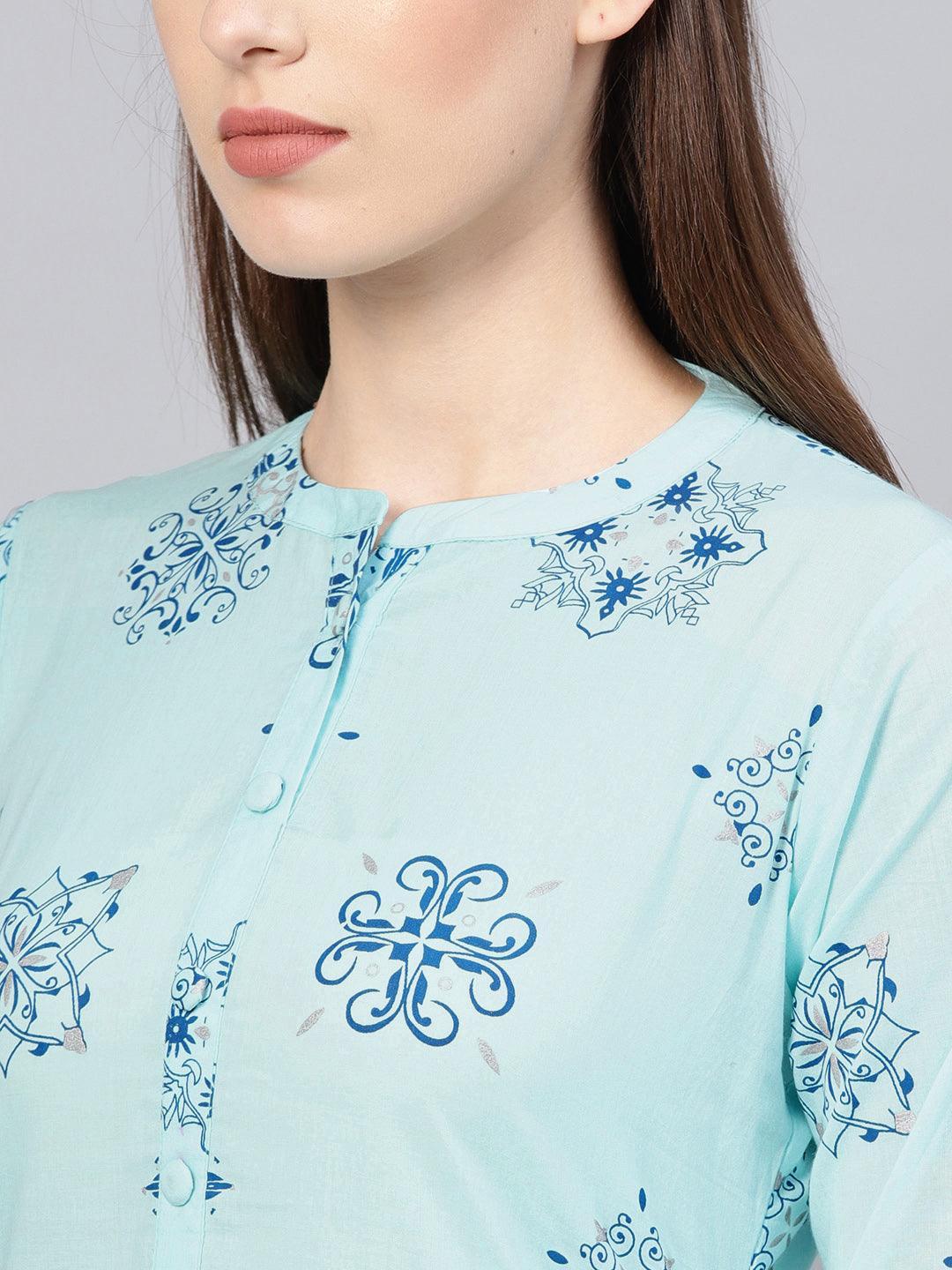 Blue Printed Cotton Kurta - ShopLibas