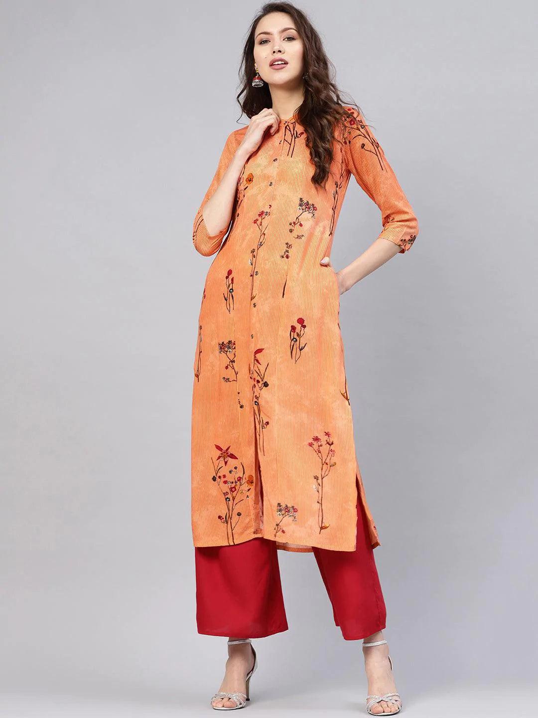 Orange Printed Rayon Kurta - ShopLibas