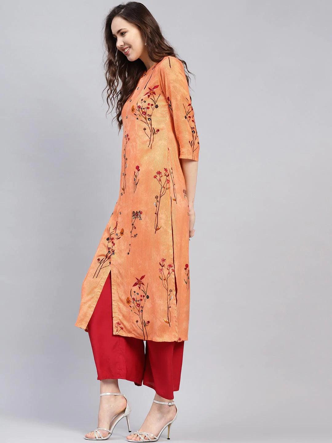 Orange Printed Rayon Kurta - ShopLibas