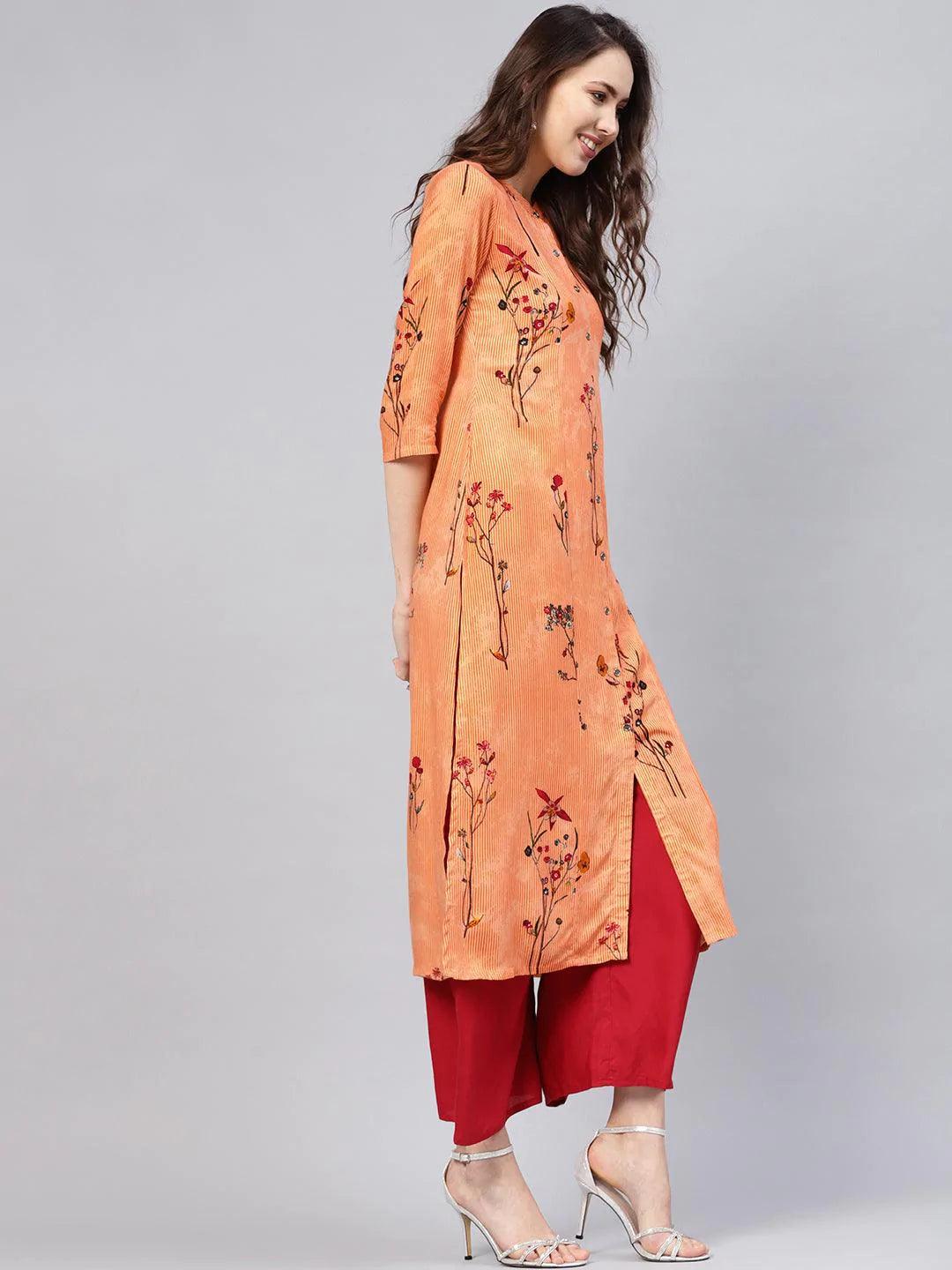 Orange Printed Rayon Kurta - ShopLibas