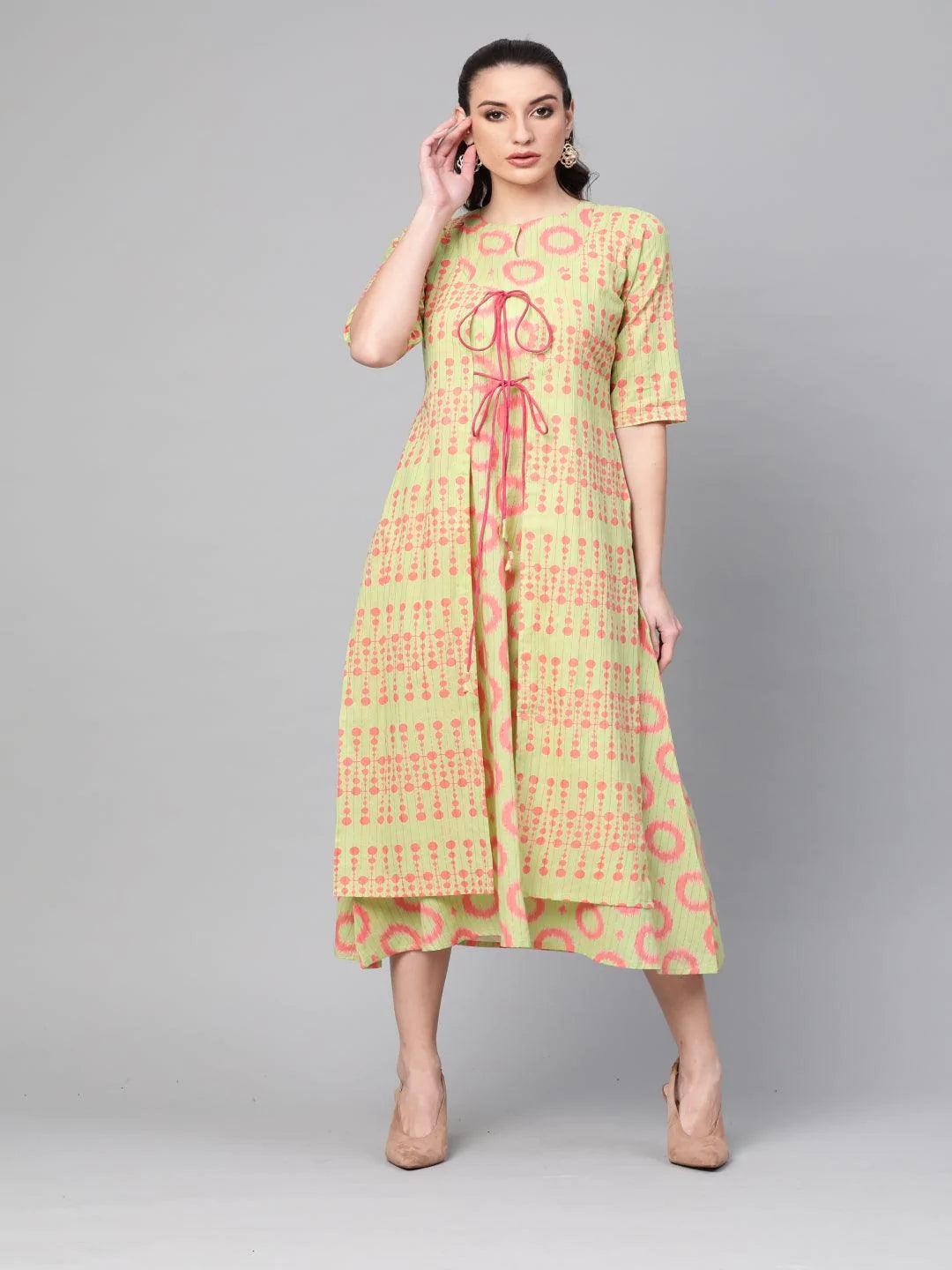 Green Printed Cotton Dress With Shrug