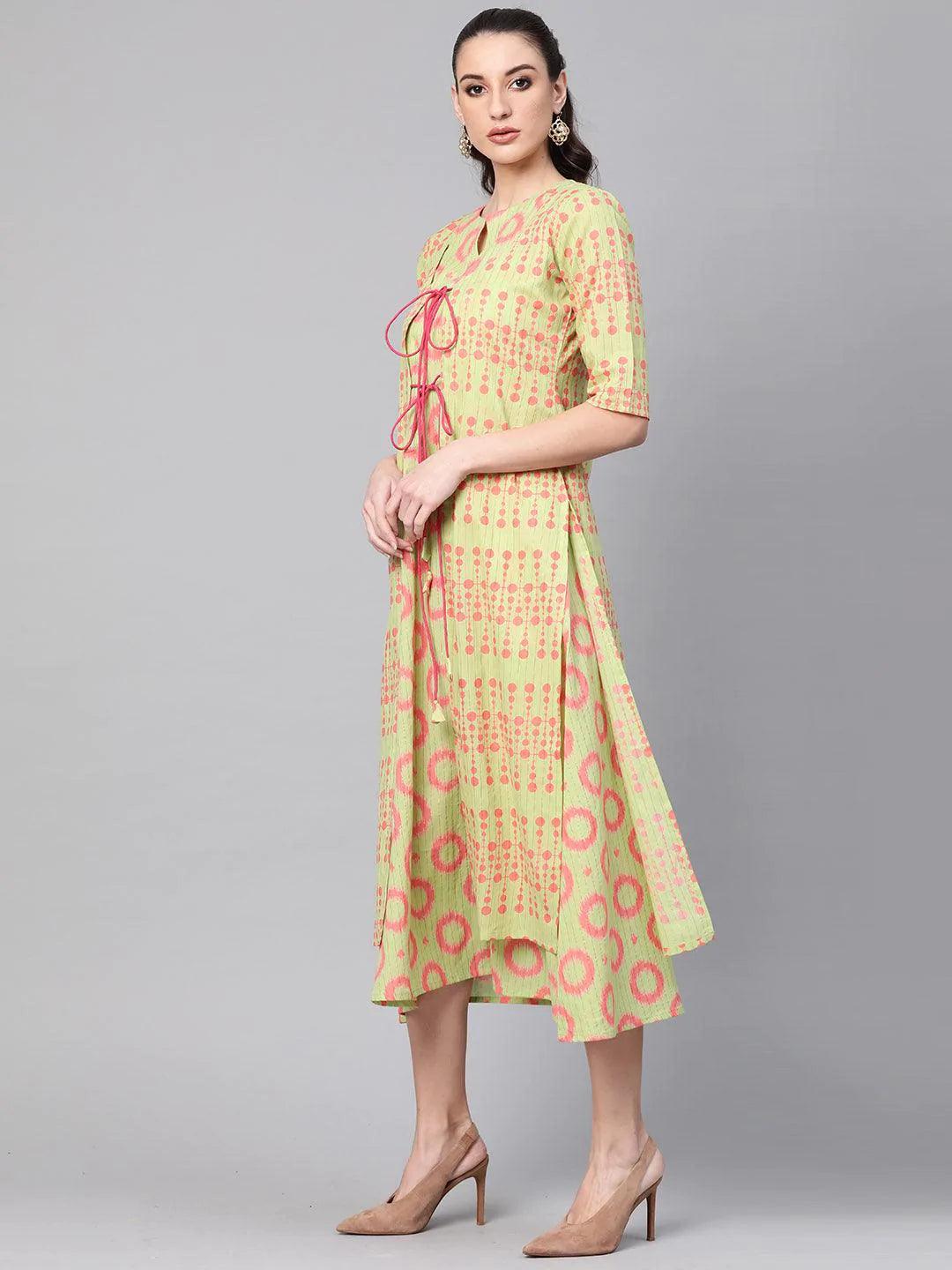 Green Printed Cotton Dress With Shrug