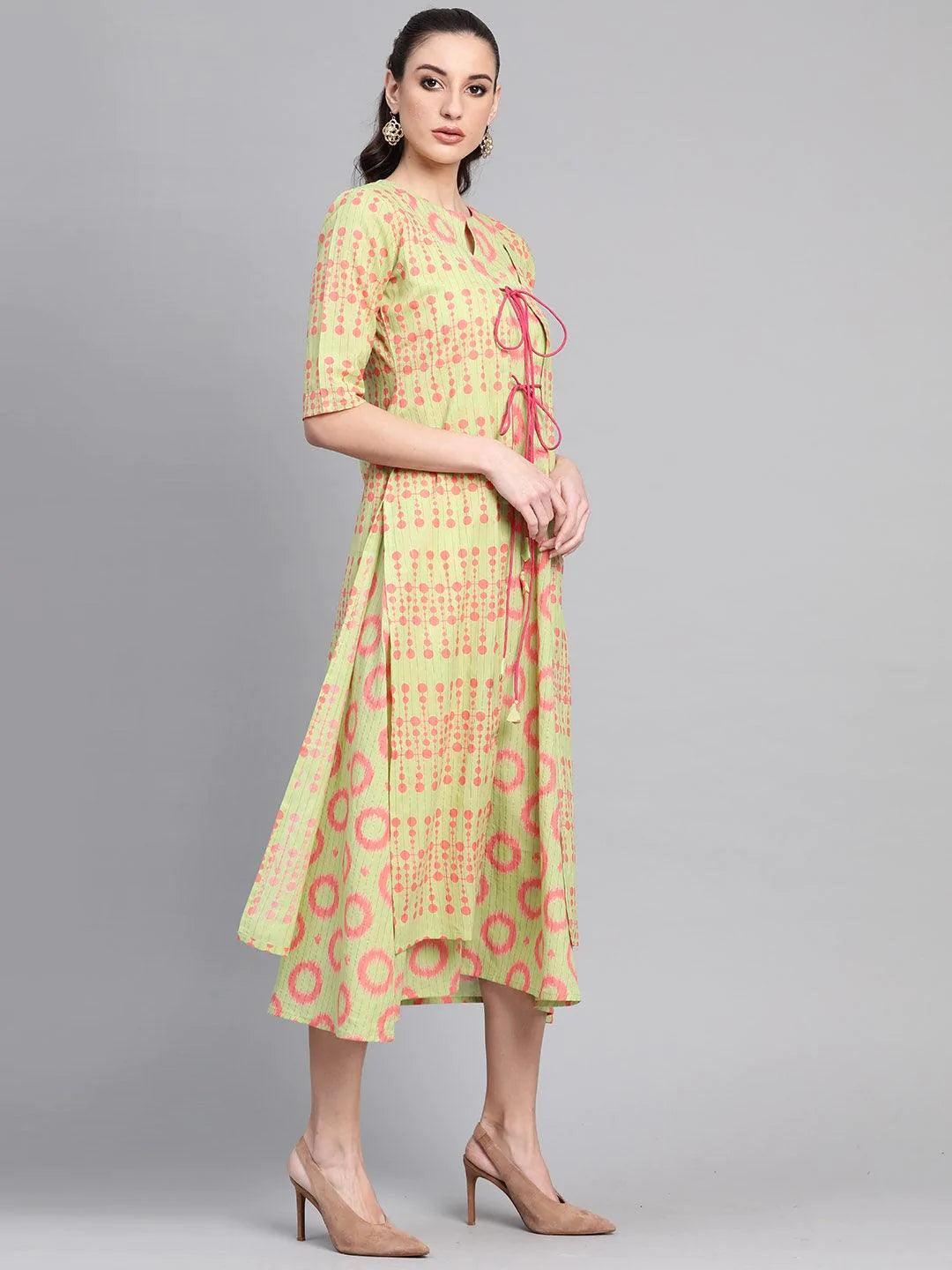 Green Printed Cotton Dress With Shrug