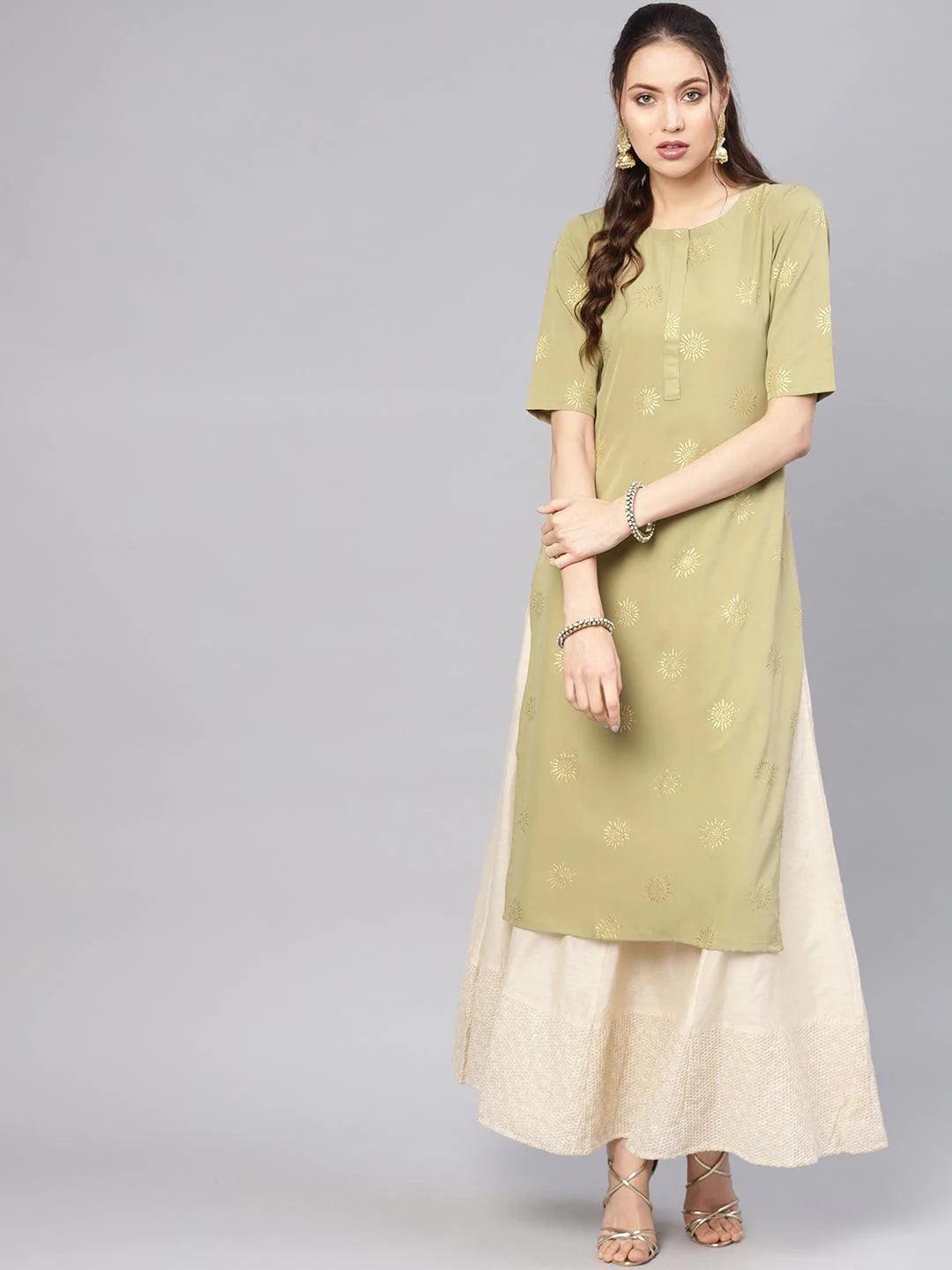 Green Printed Crepe Kurta - ShopLibas