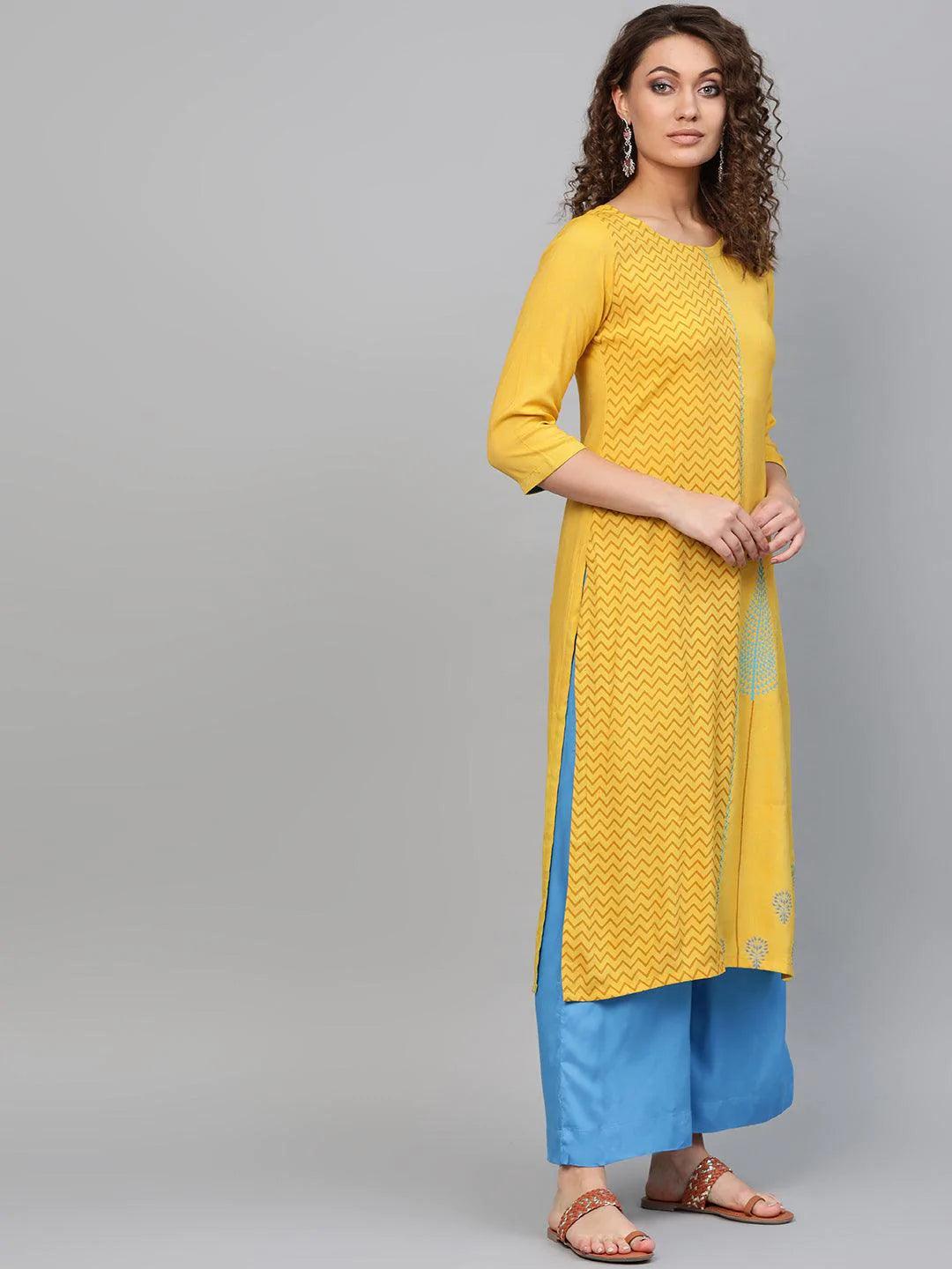 Yellow Printed Rayon Kurta - ShopLibas