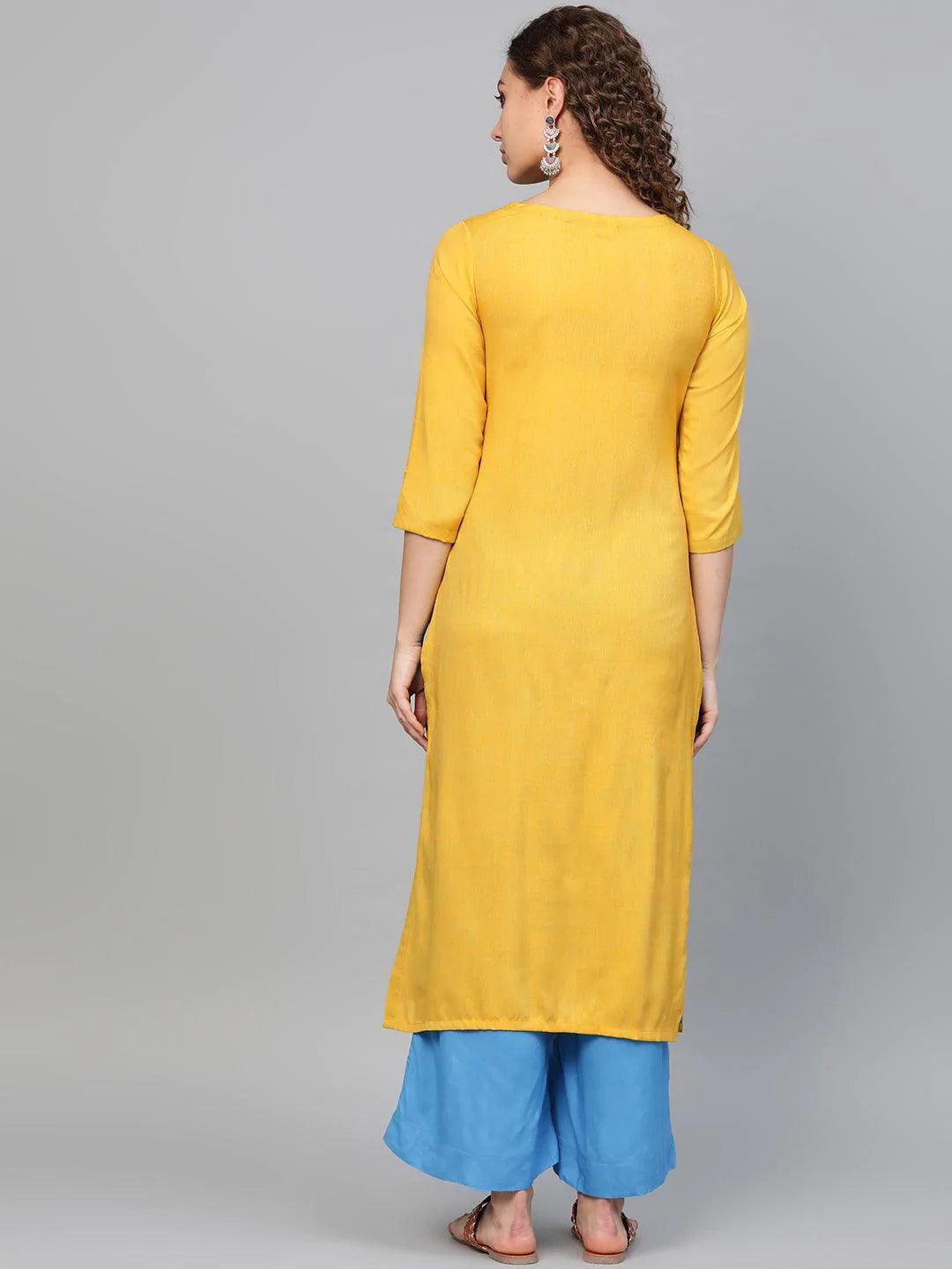 Yellow Printed Rayon Kurta - ShopLibas