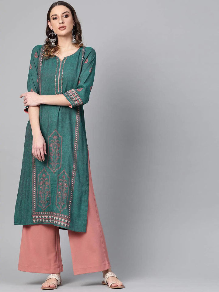 Green Printed Rayon Kurta - ShopLibas