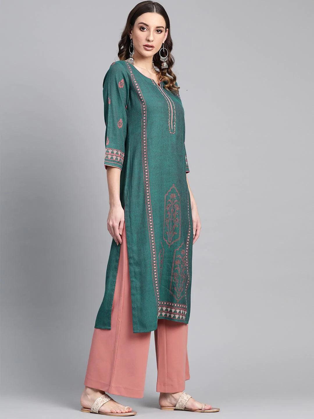 Green Printed Rayon Kurta - ShopLibas