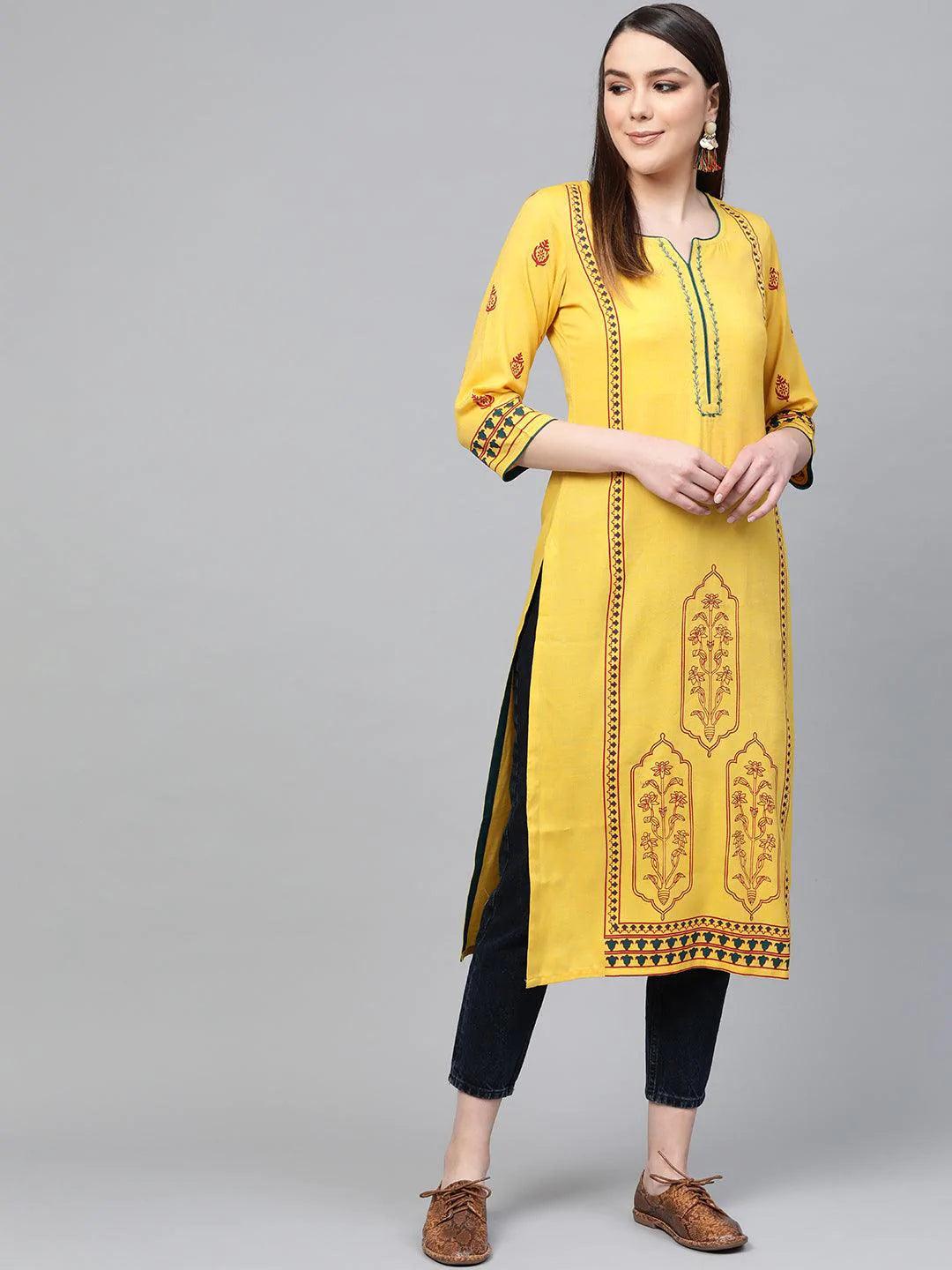 Yellow Printed Rayon Kurta - ShopLibas