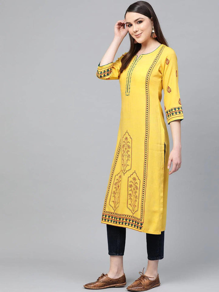 Yellow Printed Rayon Kurta - ShopLibas