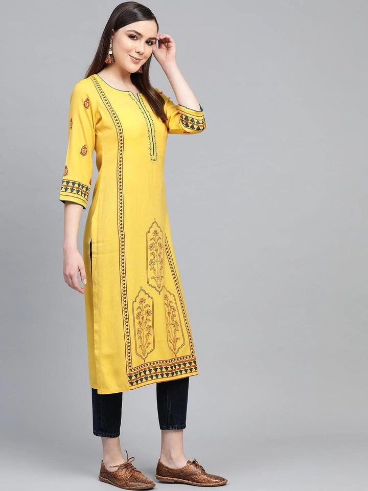 Yellow Printed Rayon Kurta - ShopLibas