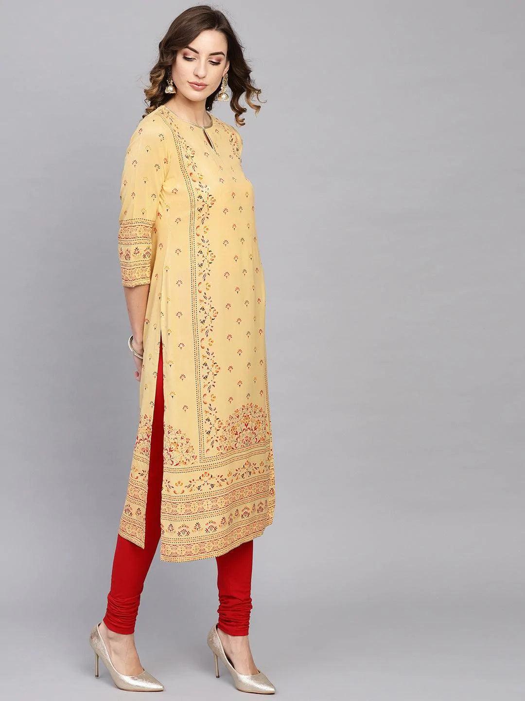 Yellow Printed Rayon Kurta - ShopLibas