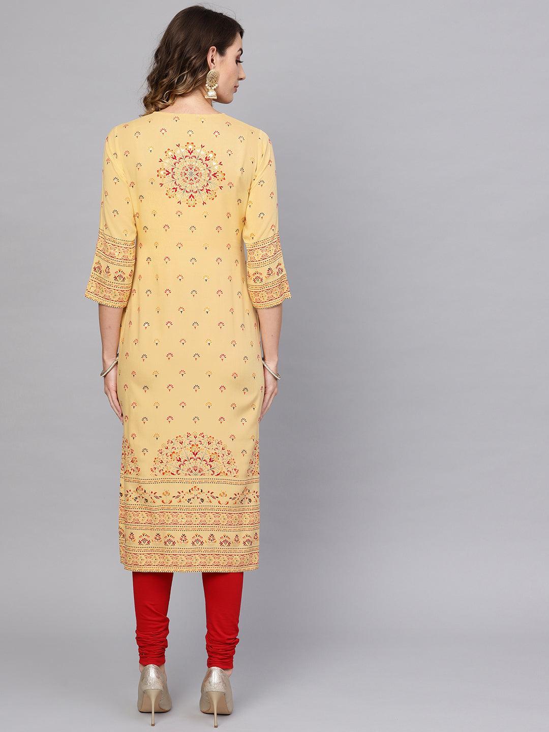 Yellow Printed Rayon Kurta - ShopLibas