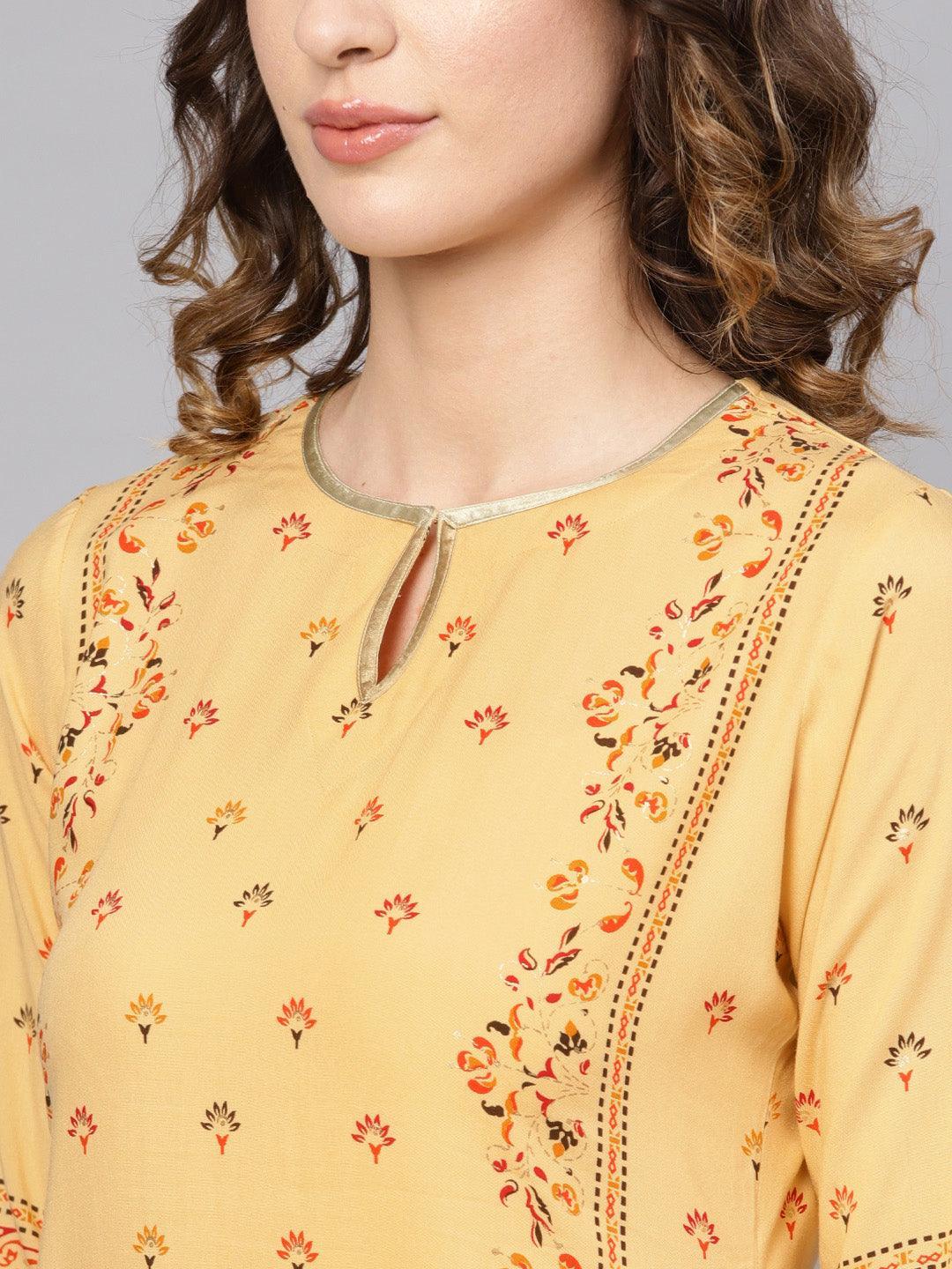 Yellow Printed Rayon Kurta - ShopLibas