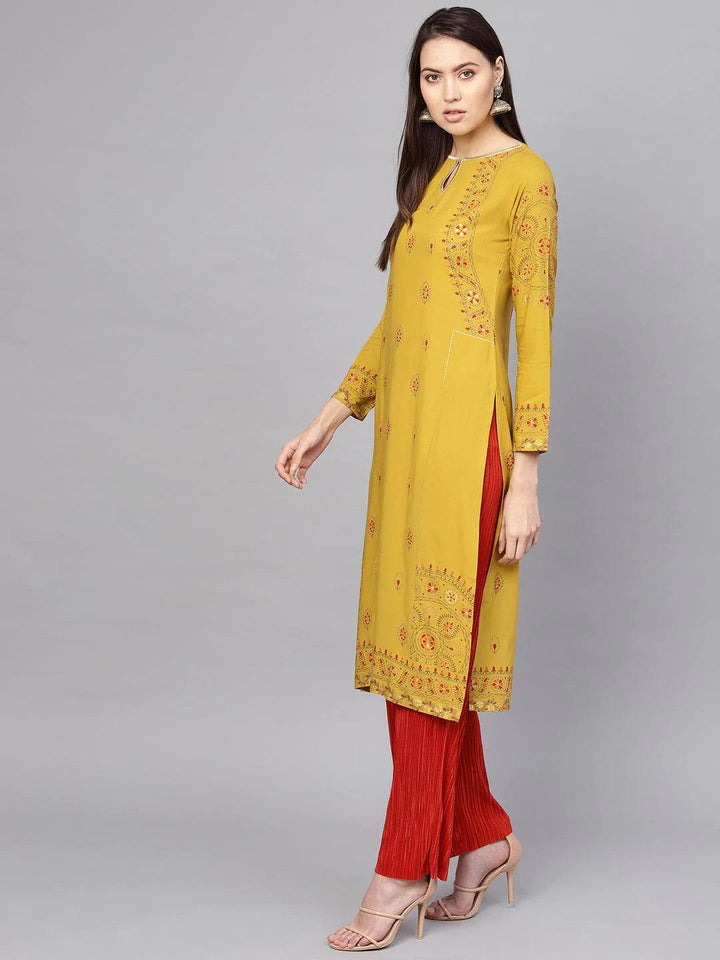 Yellow Printed Rayon Kurta - ShopLibas