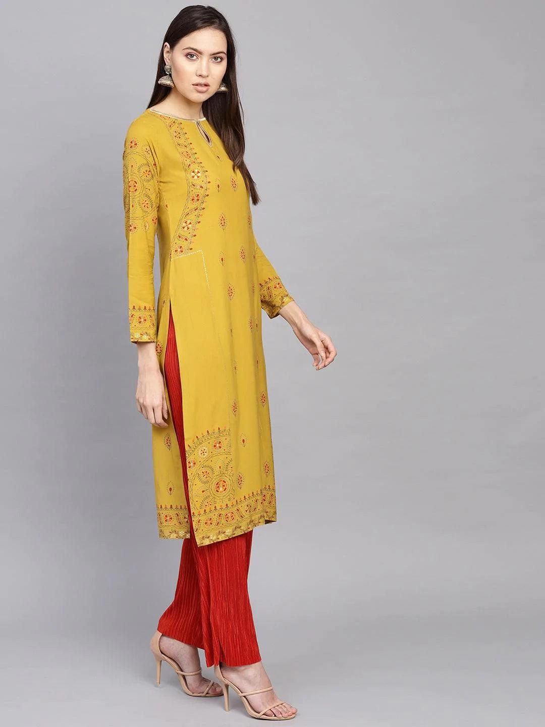 Yellow Printed Rayon Kurta - ShopLibas