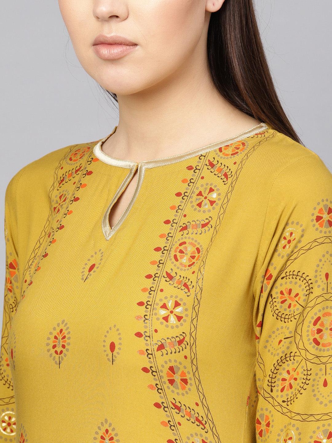 Yellow Printed Rayon Kurta - ShopLibas