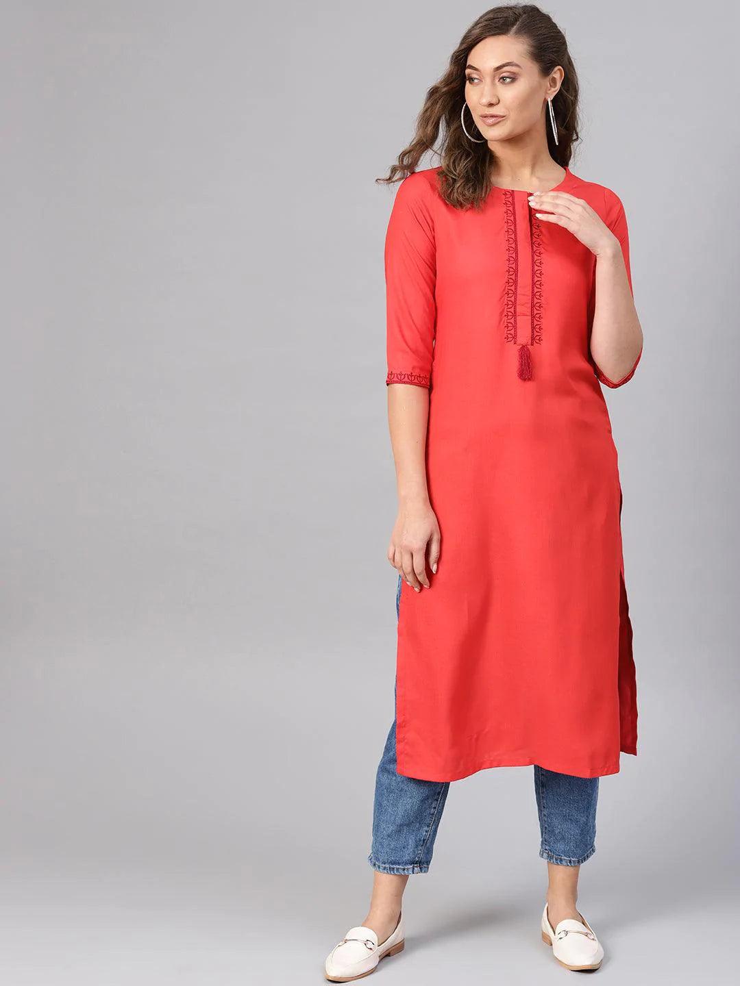 Red Embroidered Rayon Kurta - ShopLibas