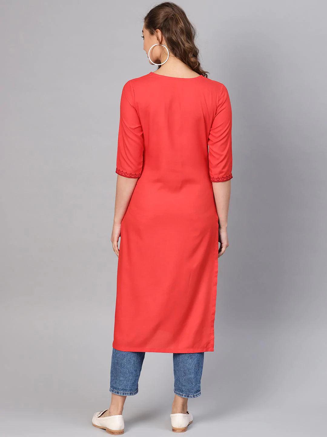 Red Embroidered Rayon Kurta - ShopLibas