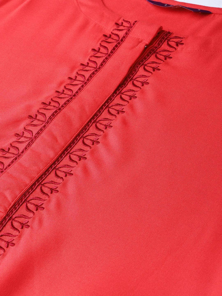 Red Embroidered Rayon Kurta - ShopLibas