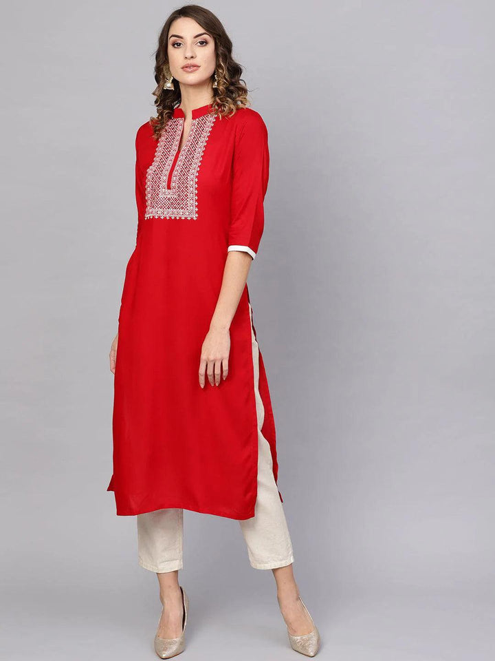 Red Embroidered Rayon Kurta - ShopLibas