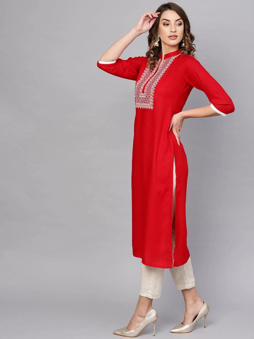 Red Embroidered Rayon Kurta - ShopLibas