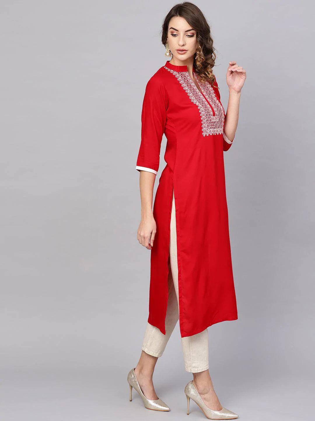 Red Embroidered Rayon Kurta - ShopLibas