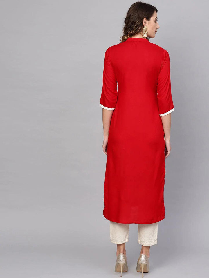 Red Embroidered Rayon Kurta - ShopLibas