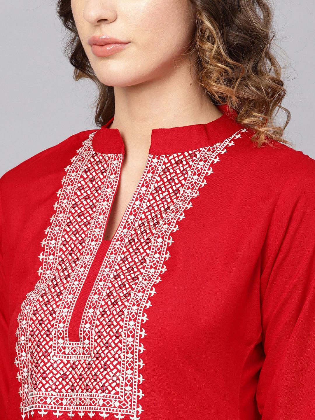 Red Embroidered Rayon Kurta - ShopLibas