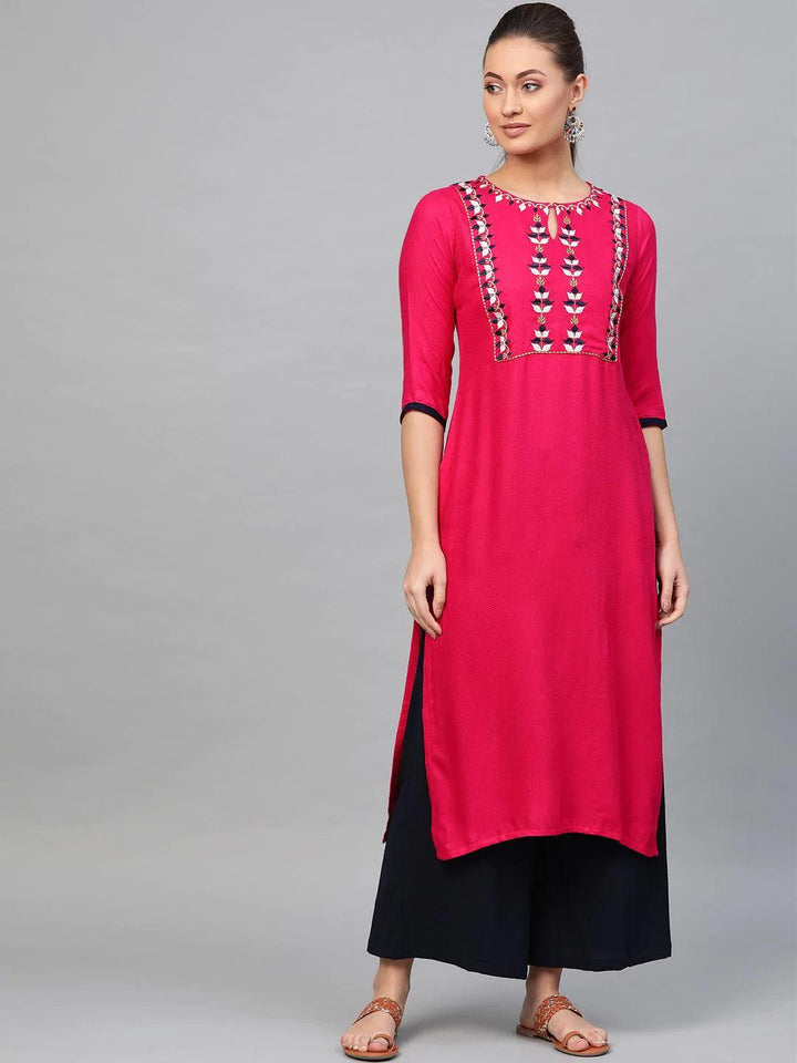 Pink Embroidered Rayon Kurta - ShopLibas