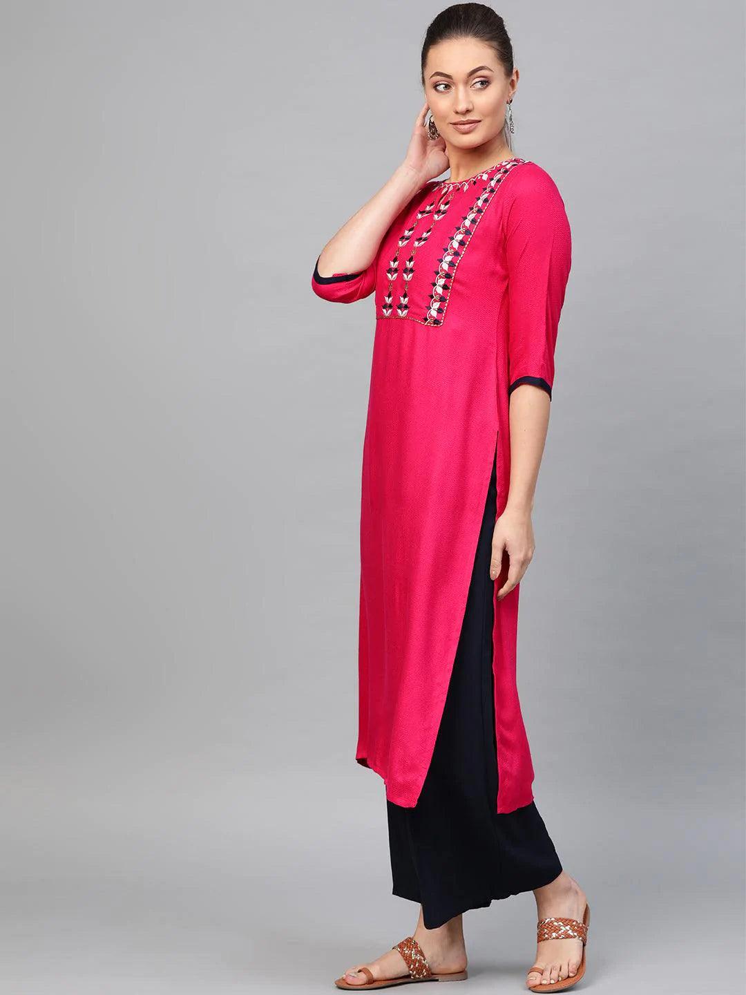 Pink Embroidered Rayon Kurta - ShopLibas