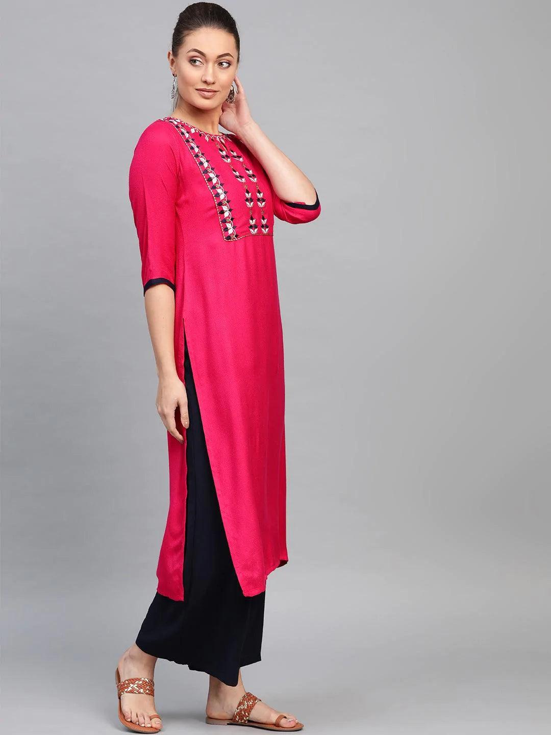 Pink Embroidered Rayon Kurta - ShopLibas