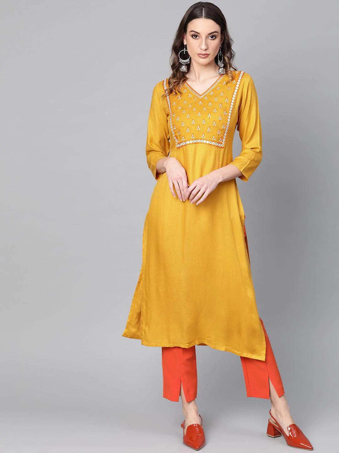 Yellow Printed Rayon Kurta - ShopLibas