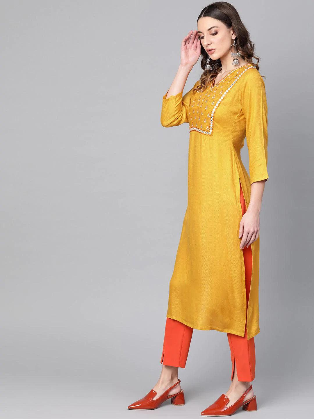 Yellow Printed Rayon Kurta - ShopLibas