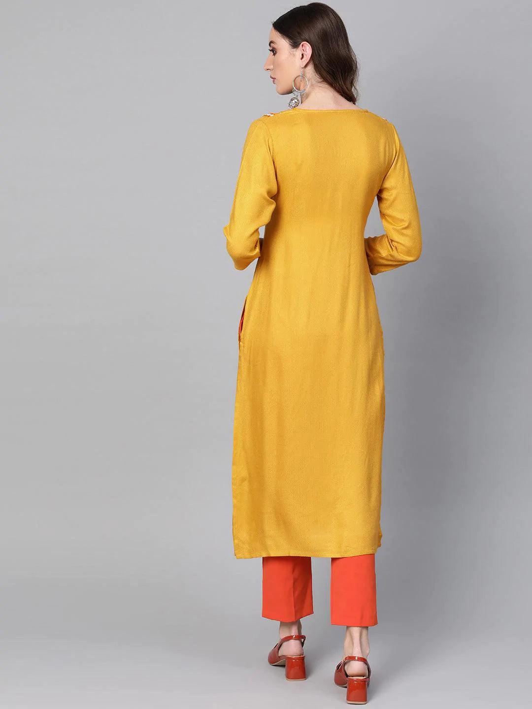 Yellow Printed Rayon Kurta - ShopLibas