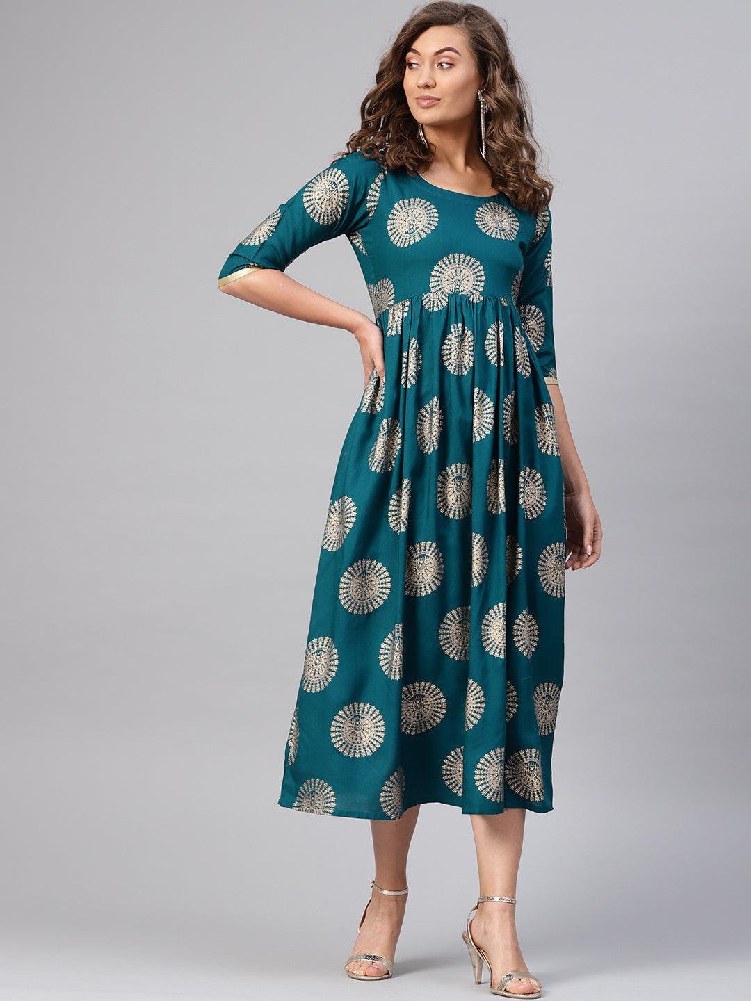 Blue Printed Rayon Dress - ShopLibas