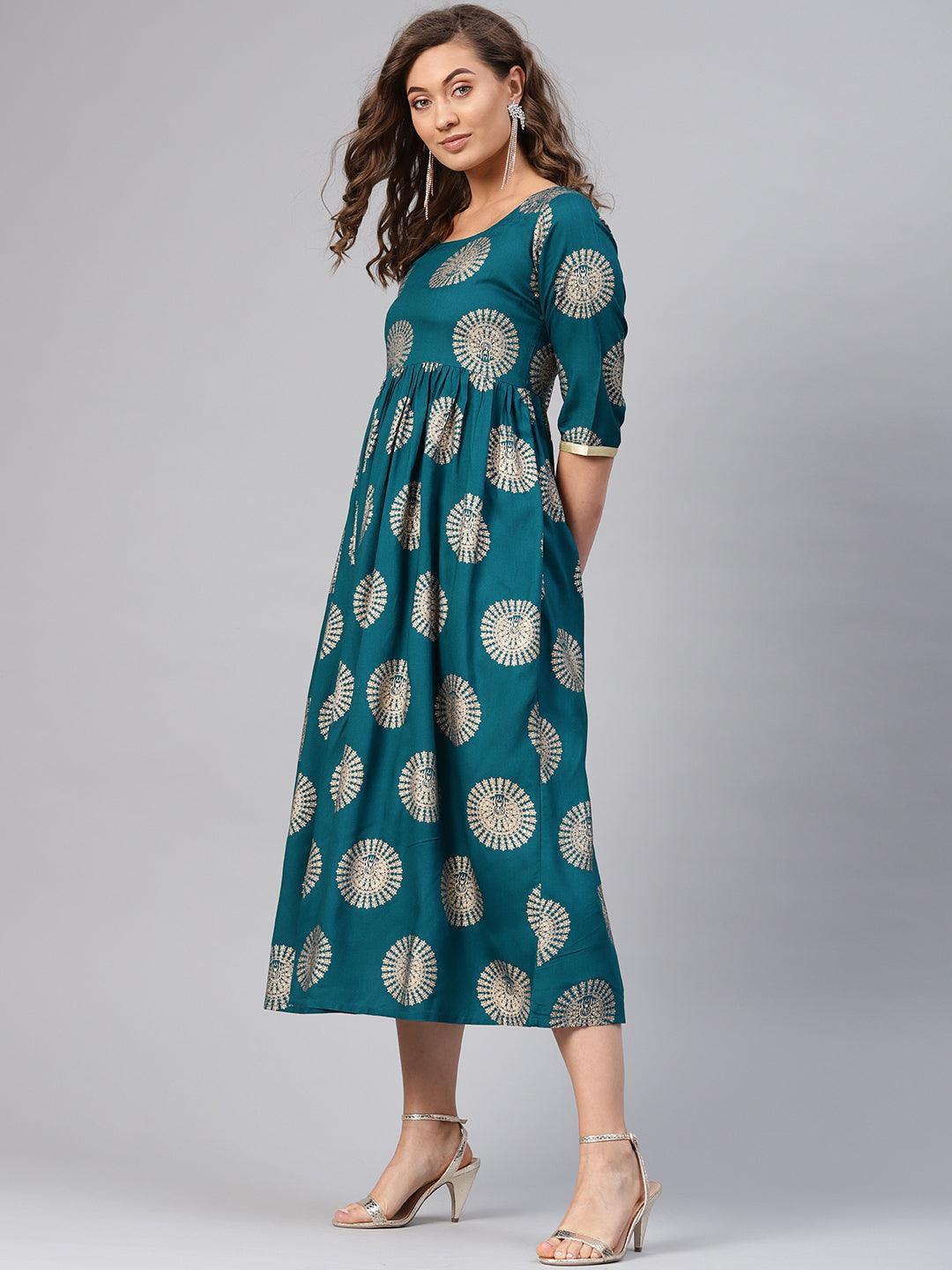 Blue Printed Rayon Dress - ShopLibas